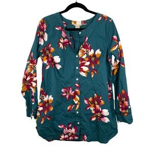 Duluth Trading Co Wrinklefighter  Tunic Green Floral Womens Medium Cotton